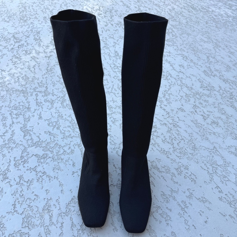 Vivaia Black Knit Knee High Sock Boots Square Toe Sculptural Block Heel 9-9.5